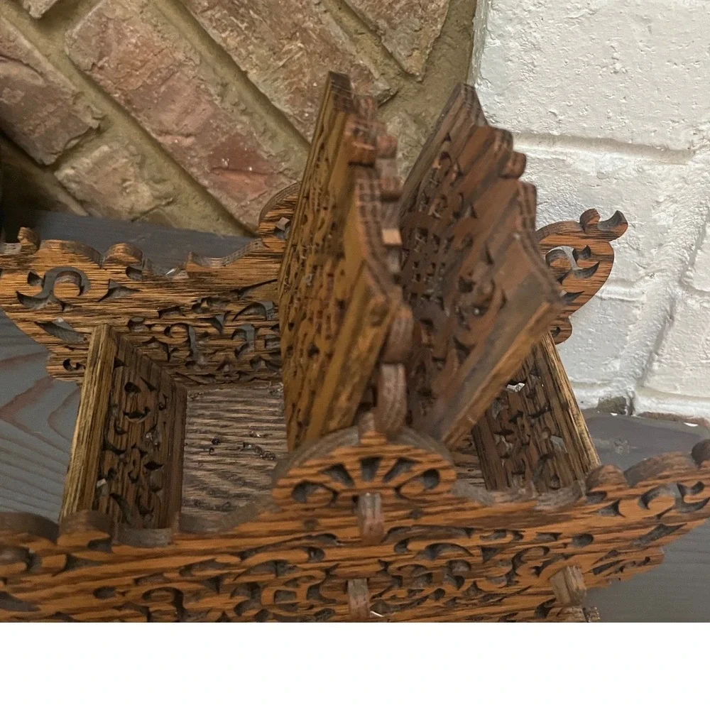 Folk‎ art Handmade fretwork wooden basket hinged compartments signed